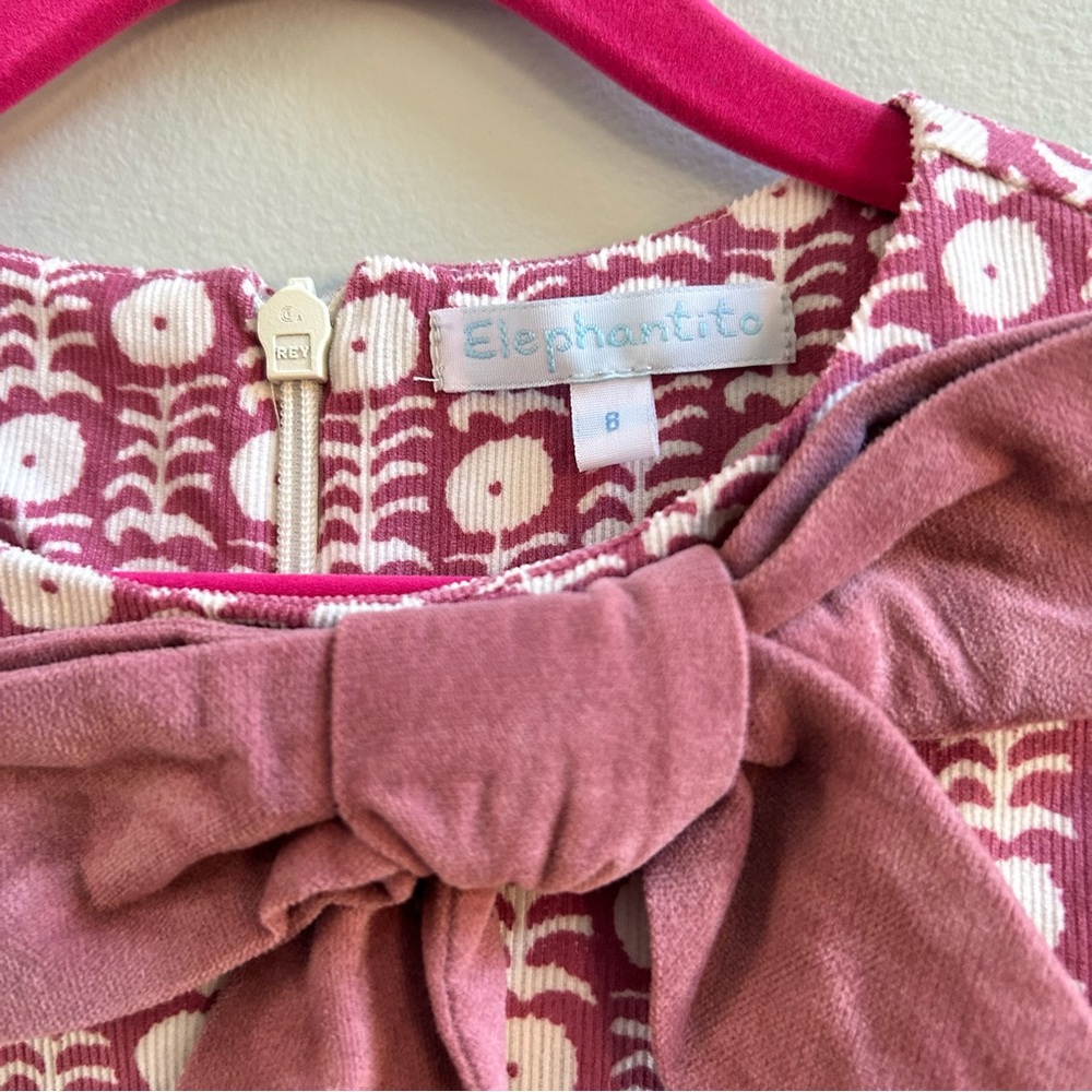 Elephantito Pink and White Short Sleeve Corduroy Floral Dress with Bow, Size 8 - Picture 5 of 7